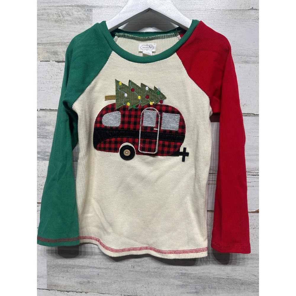 Mud Pie Christmas Camper Shirt Boys 4T/5T Red Green Waffle Knit Holiday EUC